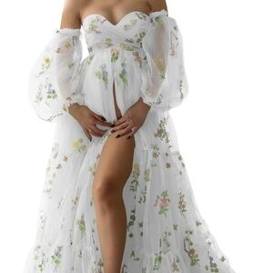 Maternity Floral Embroidered White Maxi Dress